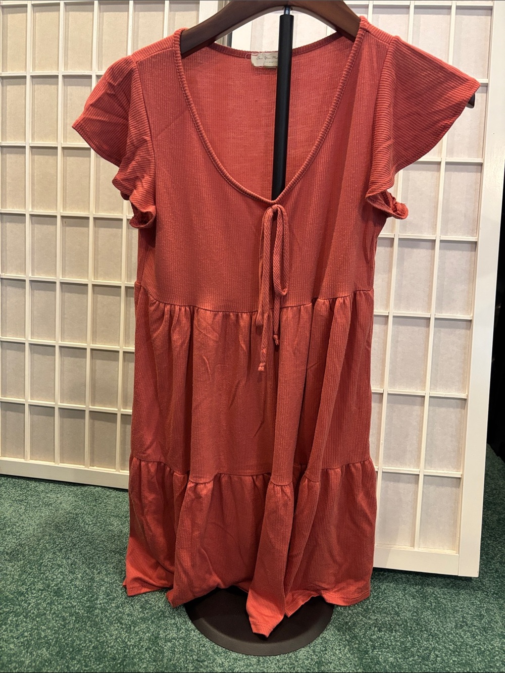 See You Monday Coral Tiered Dress V Neck Flutter Sleeve Good Condition
